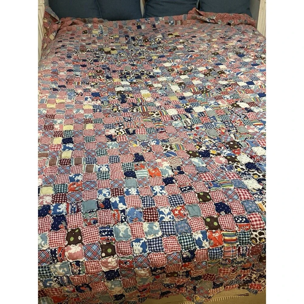 Vintage Yo Yo Yoyo Quilt 80x90 Feedsack Fabrics Handmade 1930’s Cottage Core